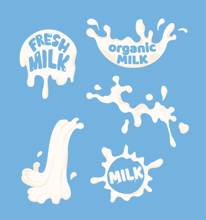 Various milk splashes with text like Milk, Fresh Milk, and Organic Milk in cartoon style on blue background. Concept of dairy, freshness, branding. Vector illustrationのイラスト素材