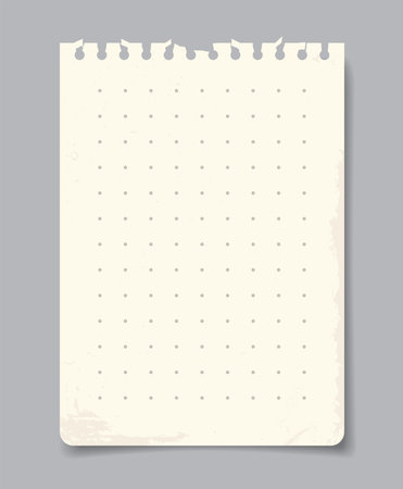 Torn dot grid notebook page with worn edges, minimalistic retro graphic style on gray background. Concept of stationery, notes, journaling. Vector illustrationのイラスト素材