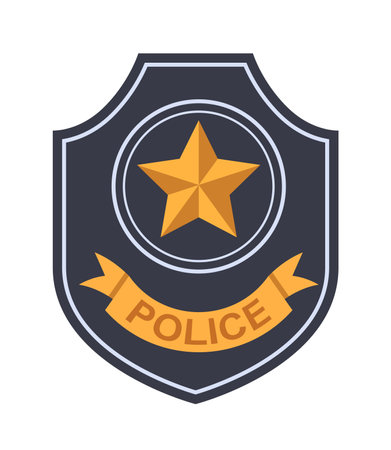 Police badge featuring a golden star and ribbon on a dark shield, flat graphic style, white background. Concept of law enforcement and authority. Vector illustrationのイラスト素材