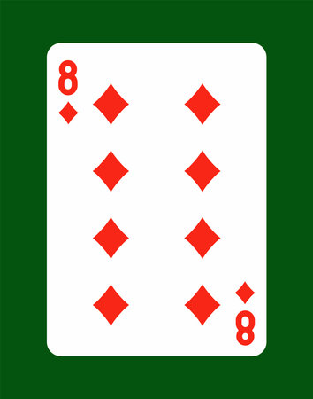 Red eight of diamonds playing card shown in flat graphic style on a green background, concept of gambling, poker, or card games. Vector illustrationのイラスト素材