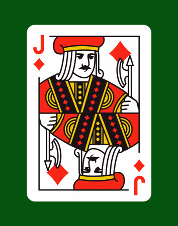 Classic jack of diamonds playing card with a bold red, yellow, and black color scheme, outlined in white and placed on a dark green background. Vector illustrationのイラスト素材