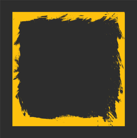 Grunge-style black rectangular paint frame with rough brush texture, positioned on a vibrant yellow background, ideal for creative design and layout concepts. Vector illustrationのイラスト素材