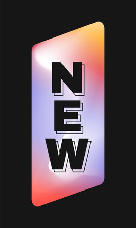 Bold NEW text in stacked layout over a vibrant gradient prism shape, set against a black background. Concept of modern announcement. Vector illustration