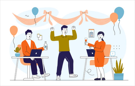 People at corporate party. Men and woman with glass of wine dancing in room near balloons. Colleagues celebrate holiday or festival. Business event. Linear vector illustrationのイラスト素材