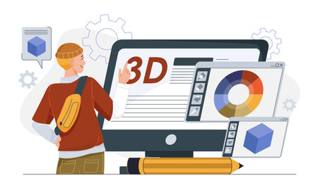 3d designer man. Young guy near computer screen with isometric cube. Freelancer develops elements for website. Visual studio artist. Freelance and online earnings. Flat vector illustrationのイラスト素材