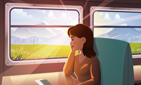 Woman in train. Young girl looks out window at green fields. Traveler and tourist. Journey and...