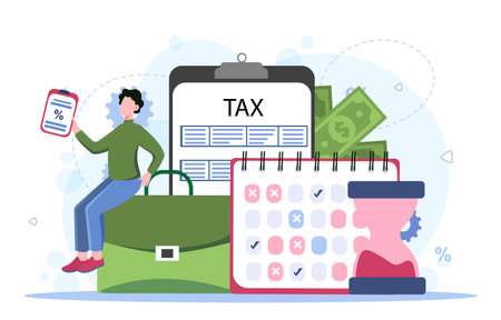 Tax inspector concept. Man with briefcase, banknotes and bills. Calculation of expenses and income. Financial audit. Budgeting and accounting. Flat vector illustrationのイラスト素材