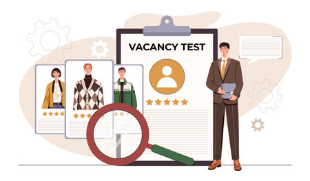 Illustrated concept showing a vacancy test form, candidate profile cards with ratings, and a recruiter holding documents on a white background. Vector illustrationのイラスト素材