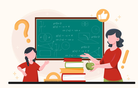 Teacher and student discussing math problems in front of chalkboard, flat cartoon style, light background, concept of education and learning. Vector illustrationのイラスト素材
