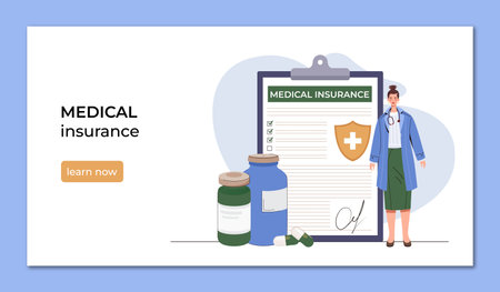 Female doctor with stethoscope, medicine bottles, and a clipboard labeled Medical Insurance on a white and blue background. Concept of healthcare coverage. Vector illustrationのイラスト素材