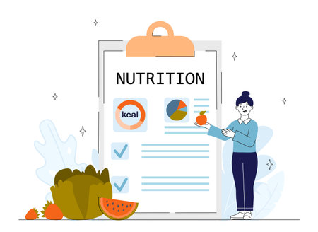 Woman holding apple beside large nutrition chart with calorie and pie chart graphics, surrounded by fruits on white background. Concept of healthy eating. Vector illustrationのイラスト素材