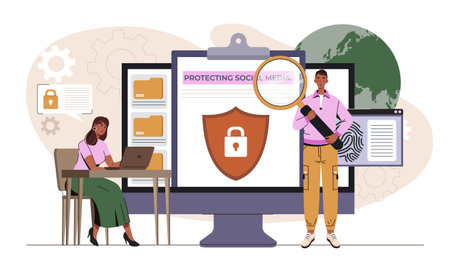 People analyzing digital privacy and data protection for social media on electronic devices, flat graphic style, on abstract tech background. Concept of cybersecurity. Vector illustrationのイラスト素材