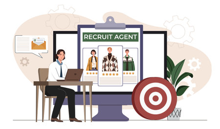 A recruiter sits at a desk using a laptop while a large monitor displays candidate profiles with star ratings, in a flat style on a white background. Concept of hiring. Vector illustrationのイラスト素材