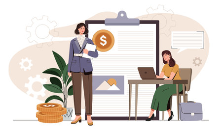 Two women in a business setting with financial elements, flat design style, on a light abstract background. Concept of teamwork, finance, and productivity. Vector illustrationのイラスト素材