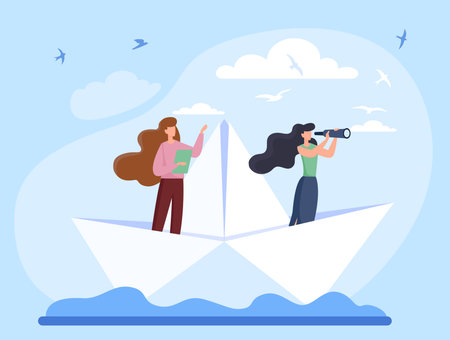 Two women standing on a paper boat in the sea, flat graphic style, blue sky background with birds and clouds, concept of teamwork and future vision. Vector illustrationのイラスト素材