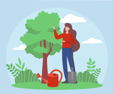 Woman standing next to a tree with a shovel and watering can on grassy ground, surrounded by plants on a blue sky background. Concept of gardening. Vector illustrationのイラスト素材