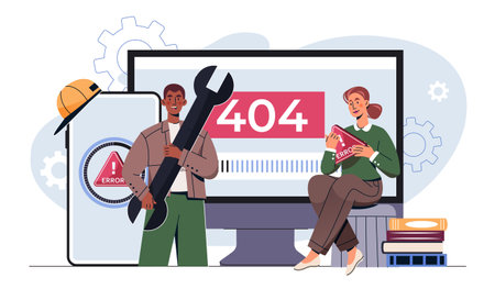 Illustration of two people fixing a 404 error on a large screen, one holding a wrench and another with an error sign, flat style, on a white background. Concept of website maintenance. Vector illustrationのイラスト素材