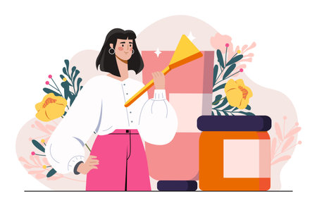 Woman with short dark hair holding a yellow spatula stands beside large skincare jars, surrounded by floral elements on a white background. Concept of beauty care. Vector illustrationのイラスト素材