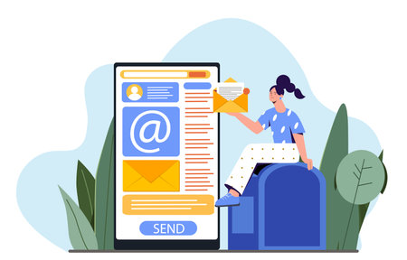 Woman sitting on mailbox holding envelope near large smartphone screen with email interface, modern flat style on abstract background. Concept of digital communication. Vector illustrationのイラスト素材