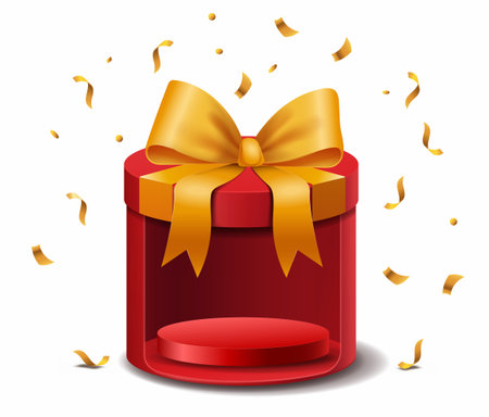 Red cylindrical gift box with a large golden ribbon bow on top, surrounded by golden confetti on a white background. Concept of celebration and surprise. Vector illustrationのイラスト素材