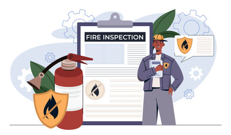 Fire inspector holding clipboard beside fire extinguisher and checklist, with gears and shield icons in background. Concept of fire safety and inspection. Vector illustrationのイラスト素材