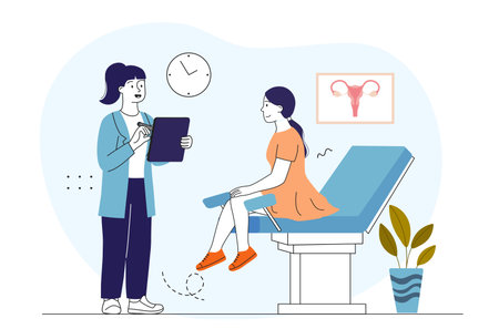 Female patient sitting on exam table talking to a gynecologist holding a clipboard, flat cartoon style, light background, concept of women s health checkup. Vector illustrationのイラスト素材