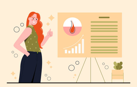 Female character with red hair giving thumbs up beside a chart showing hair follicle and growth bar graph, flat design style, light beige background. Concept of hair care results. Vector illustrationのイラスト素材