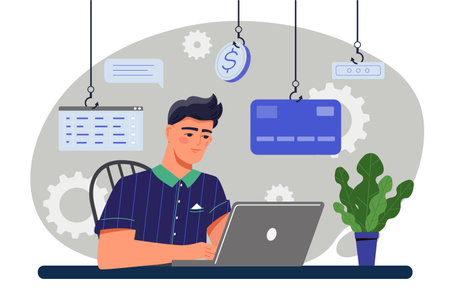 Man using laptop surrounded by icons representing cyber threats like phishing, money scams, and data theft, in a flat style on a gray background. Concept of online security. Vector illustrationのイラスト素材