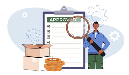 Man holding magnifying glass near approved checklist, cardboard boxes, coins, and gears in flat graphic style on white background. Concept of quality control. Vector illustrationのイラスト素材