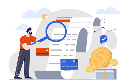Man analyzing financial report with magnifying glass, surrounded by credit cards, dollar coins, and graphs on abstract background. Concept of finance and audit. Vector illustrationのイラスト素材