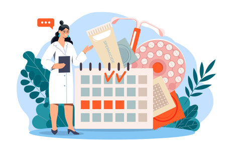 Female doctor with calendar and various contraceptive methods like pills, condoms, IUD, patch, and spermicide on abstract background. Concept of birth control. Vector illustrationのイラスト素材