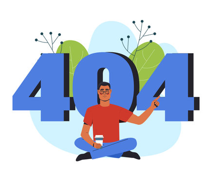 Man sitting cross-legged with coffee in hand pointing at large 404 text, minimal flat design style...