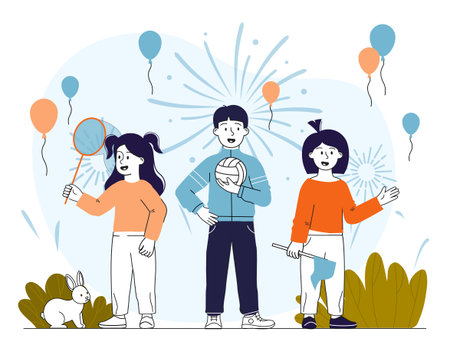 Three kids playing with toys and balloons outdoors, flat cartoon style, with fireworks and plants in the background. Concept of childhood celebration joy. Vector illustrationのイラスト素材