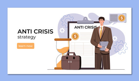 Businessman holding folder near clipboard marked anti crisis, with hourglass, briefcase, and gear icons, on white background. Concept of financial planning. Vector illustrationのイラスト素材