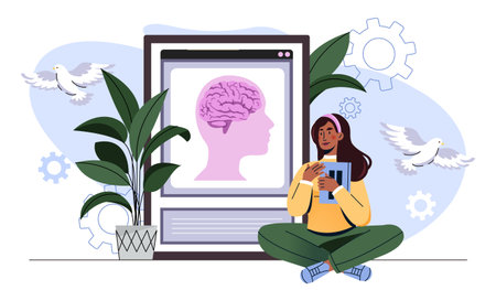 Woman sitting with notebook near screen showing brain diagram, flat style, with plants, gears, and...