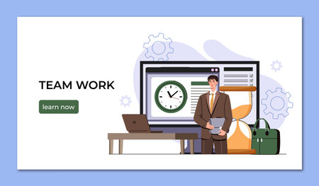 Businessman standing with laptop near desk, clock, and hourglass, in front of screen and gears on white background. Concept of teamwork and productivity. Vector illustrationのイラスト素材