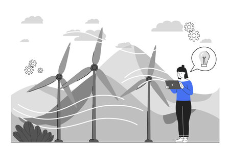 Woman using a digital tablet to monitor wind turbines in a mountainous landscape, flat graphic style, clean white background. Concept of renewable energy. Vector illustrationのイラスト素材