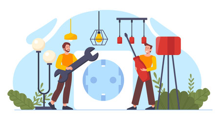 Two electricians holding giant tools surrounded by various lamps and a socket, flat cartoon style on a blue abstract background. Concept of electrical work. Vector illustrationのイラスト素材