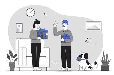 Two people and a dog holding gift boxes in a cozy indoor setting with furniture, plants, and decor, shown in a flat cartoon style. Vector illustrationのイラスト素材