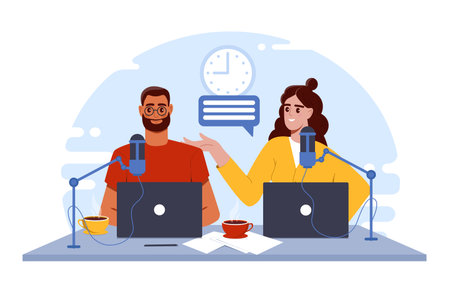 Two people recording a podcast with laptops and microphones on a desk, flat cartoon style, blue abstract background. Concept of podcasting and communication. Vector illustrationのイラスト素材
