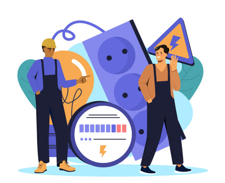 Two electricians in uniforms near energy icons, including plugs, light bulb, and warning sign, on white background. Concept of electrical work safety. Vector illustrationのイラスト素材