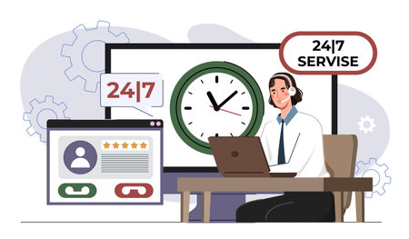 Customer support agent with headset working on a laptop, surrounded by interface elements and a...