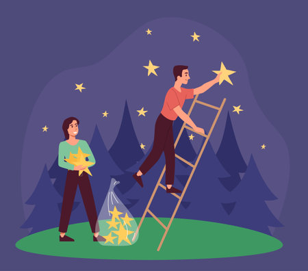Man on ladder reaching for stars while woman holds stars in forest with night sky background, symbolizing dreams, aspirations, teamwork. Vector illustrationのイラスト素材