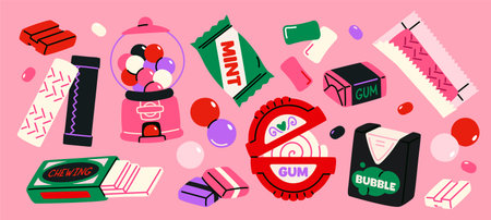 Bubble gum set. Colorful stickers with balls, pads, plates and rolls of delicious chewing gum. Sweet dessert packaging. Menthol candies. Flat vector illustration collection isolated on backgroundのイラスト素材