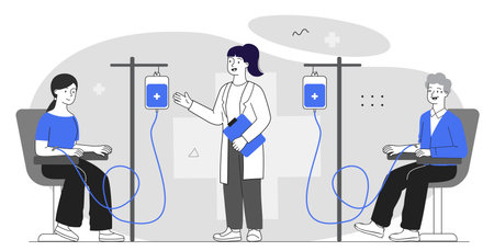 Blood transfusion in hospital. Doctor, together with donor and patient, performs blood transfusion. Treatment of diseases. Charity and volunteering. Linear vector illustrationのイラスト素材