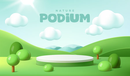 Cute kids banner with podium. Advertising poster with spring landscape with green field, trees, hills, clouds in blue sky and stage for product presentation and award. Realistic 3D vector illustrationのイラスト素材