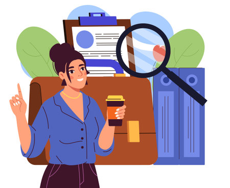 Smiling woman holding coffee cup with office folders, briefcase, clipboard and magnifying glass behind, in flat cartoon style on white background. Concept of job search. Vector illustrationのイラスト素材