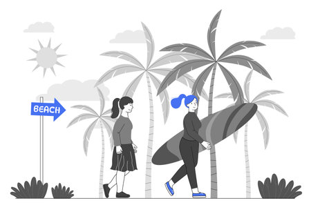 Two women walking near palm trees, one carrying a surfboard, under sunny sky with clouds, beach sign in view. Vector illustrationのイラスト素材