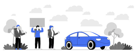Three cartoon-style hitchhikers with backpacks are signaling for a ride on a rural roadside as a car approaches, with trees and clouds in the background. Vector illustrationのイラスト素材