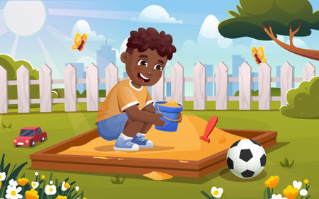 A cheerful boy plays in a sandbox holding a blue bucket on a sunny day in a park. Cartoon style with a white fence and cityscape background. Vector illustrationのイラスト素材